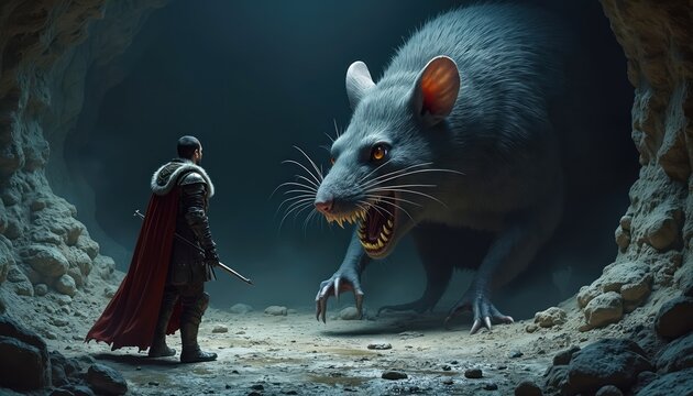 Warrior with sword and red cape faces giant rat monster in dark cave tunnel. Dangerous beast ready to attack human hero. Epic fantasy adventure scene with bravery and peril.