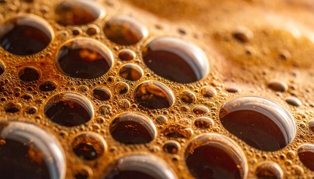 Close-up Macro Shot of Coffee Bubbles and Droplets.