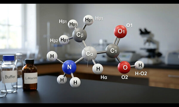 A 3D alanine amino acid model displays a slightly more complex structure than glycine, with labeled atoms illustrating its role in protein formation.