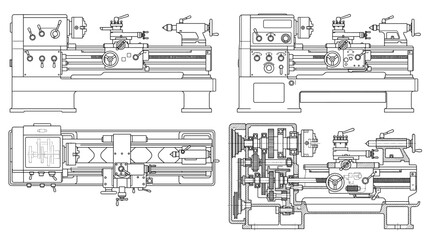 Fototapeta premium Lathe Machine Industrial Tool Technical Drawing Blueprint, Front Side Top and Internal Cross-Sectional Views Line Art Vector