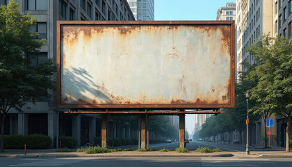 Obraz premium Large rusty billboard stands on city street. Blank screen awaits new advert. Urban background features tall buildings and green trees lining road. Cars pass by on street.