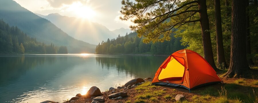 Orange tent pitched near calm lake water by forest trees. Mountains rise in background bathed in bright sun rays. Nature scene perfect for outdoor adventure and peaceful retreat.