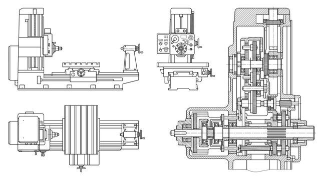 Boring Machine Industrial Equipment Technical Drawing Blueprint, Front Side Top and Internal Cross-Sectional Views Line Art Vector