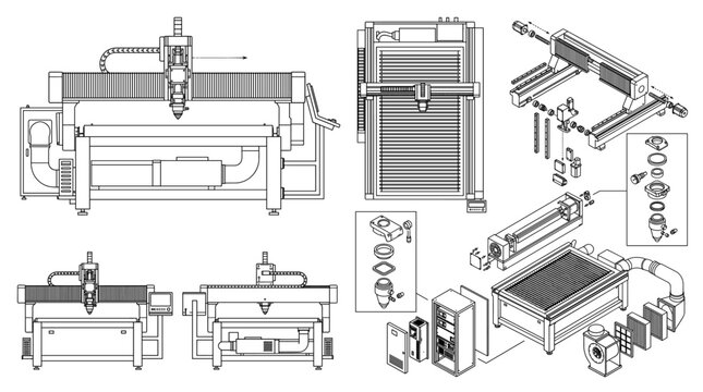 Laser Cutting Machine Industrial Technology Technical Drawing Blueprint, Front Side Top and Internal Cross-Sectional Views Line Art Vector