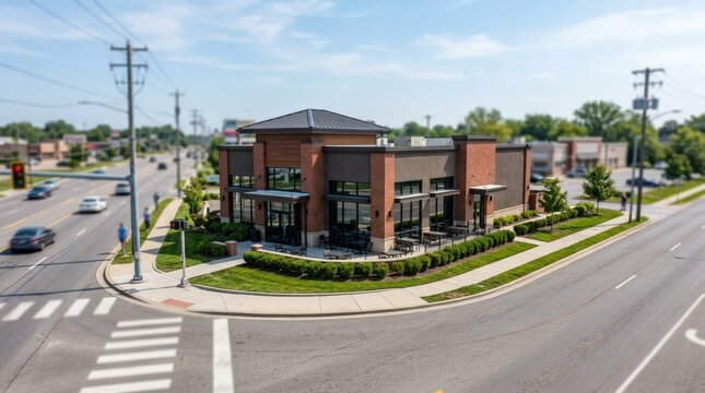 Medium shot of a standalone restaurant on a corner lot with sharp focus on the building and blurred surrounding streets highlighting triplenet lease REIT property features.
