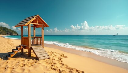 Obraz premium Wooden playhouse structure rests on sandy beach near calm ocean waters. Clear blue sky above with sailboats on horizon. Tropical island paradise scenery ideal for vacation themes and childs play.