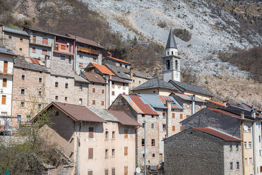 Historic mountain village of Casso with the Church of Saints Gervasio and Protasio, Friulian Dolomites, Italy