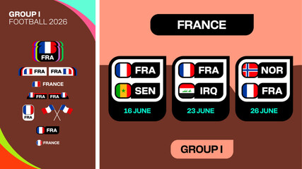 Football 2026 Group I Match Schedule Announcement with National Teams Flags for International Tournament Presentation world football mundial or soccer cup 2026  © lunarts_studio