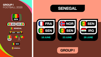 Football 2026 Group Stage Matches Presentation Featuring Senegal Team Schedule and National Flags Vector Design. © lunarts_studio