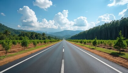 Fototapeta premium Long asphalt highway cuts through lush green plantations and dense forest under a bright blue sky with fluffy clouds. Scenic vista of agricultural land and nature in Thailand.