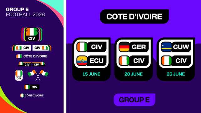 Football 2026 Group E Match Schedule and Stylized National Flag Elements Vector Collection for Exciting Sports Tournament Announcement.
