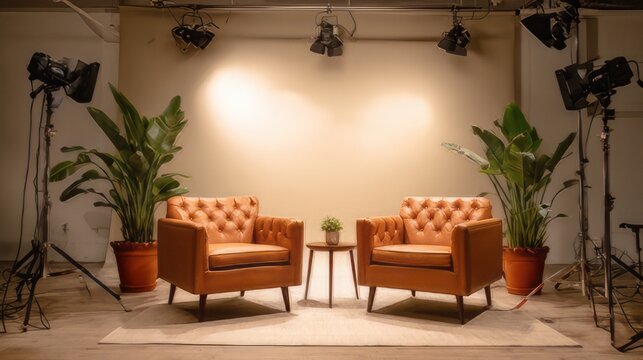 Minimal studio set designed for interviews or talk shows, with two leather armchairs, large potted plants, and overhead spotlights. Professional podcast or broadcast background staged for television.