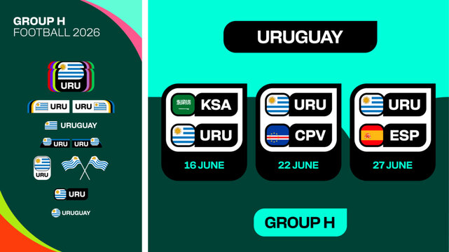 Football 2026 Tournament Group H Match Fixture Presentation, featuring Uruguay Team Schedule and Stylized Flags.