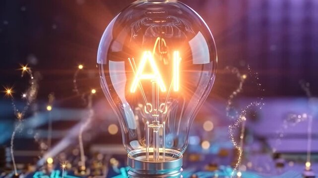 Lightbulb with AI letters on circuit board background. Illustrative shot of technological advancement and innovation. Artificial intelligence, future technology, machine learning.