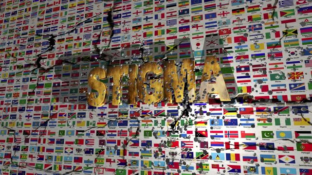 Stigma Text Over Cracked World Flags Wall Prejudice and Exclusion Concept