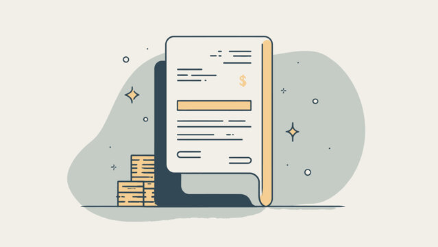 Clean graphic depiction of an invoice or bill document alongside a stack of money, illustrating modern business finance, expense management, and digital billing processes with a minimalist icon style