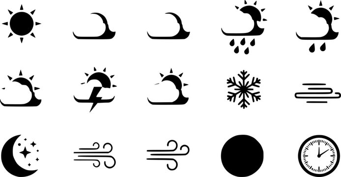 Collection of black silhouette weather icons depicting various precipitation types and atmospheric conditions, including rain, wind, lightning, sun and snow