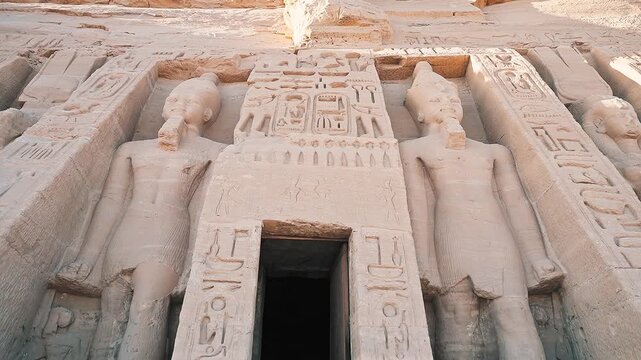 close up tilt down 4k footage of The small temple of Hethor and Nefertari, Abu Simbel,  UNESCO World Heritage Site, Egypt, North Africa,