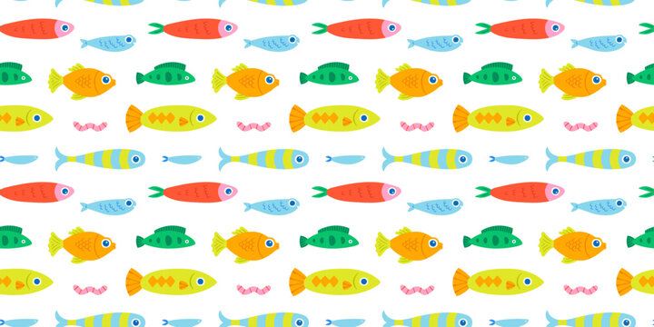 Colorful fish animal seamless pattern. Summer background design. Vacation travel concept. Fishing activity flat cartoon backdrop illustration.