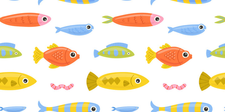 Colorful fish animal seamless pattern. Summer background design. Vacation travel concept. Fishing activity flat cartoon backdrop illustration.