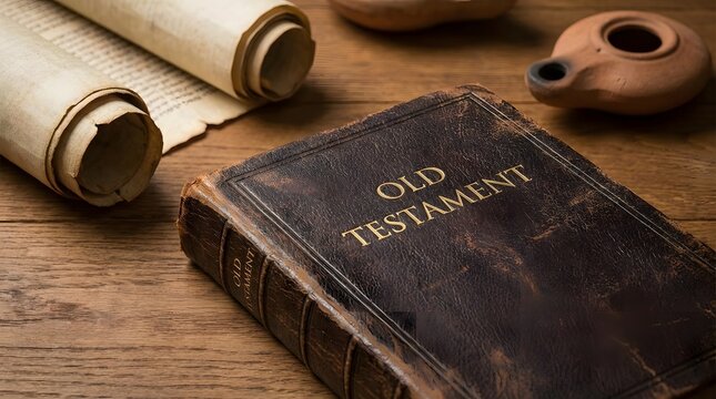 Vintage Old Testament Book on Wooden Table with Ancient Scrolls