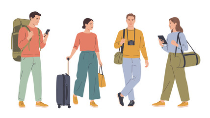 Obraz premium Four diverse travelers with luggage and phones, illustrated in a flat, modern style people suitcase