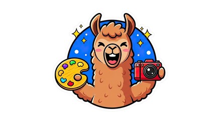 Fototapeta premium Cheerful llama holding a palette and camera on a blue circle background