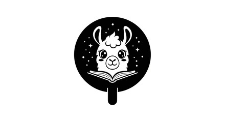 Fototapeta premium Charming llama reading book illustration against a black circle background