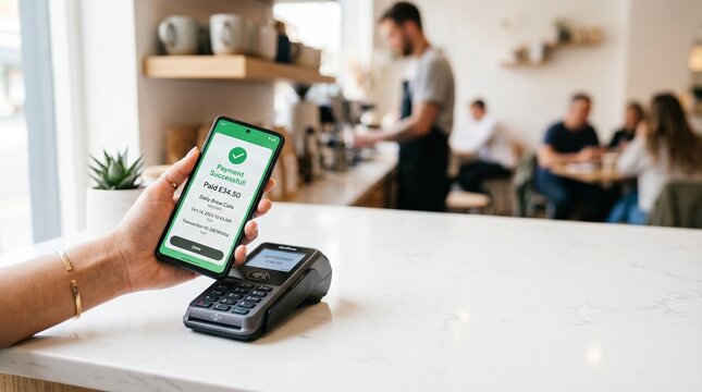 Contactless Mobile Payment Successful on Android Phone at Cafe Landscape