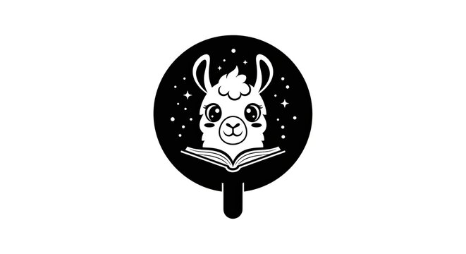 Charming llama reading book illustration against a black circle background