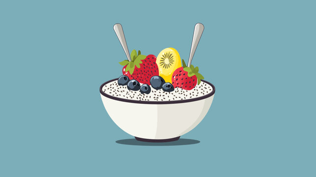 A cartoon illustration of a bowl with chia seeds, topped with berries and a slice of kiwi