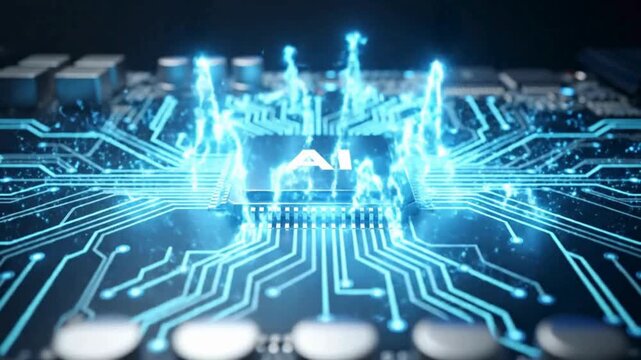 Smart city microchip animation video with glowing buildings on circuit board, IoT technology, digital infrastructure, futuristic urban network, data connectivity and automation concept