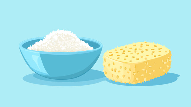 Illustration featuring a bowl of white substance and a yellow sponge against a blue backdrop