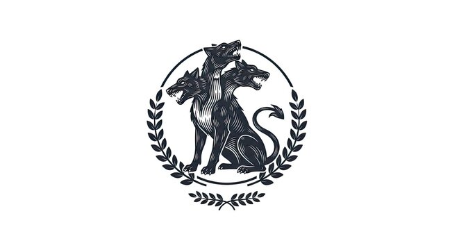 Three headed dog emblem mythical creature illustration on white background