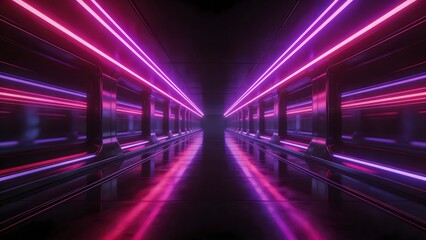 Fototapeta premium Neon lit corridor with reflective floor