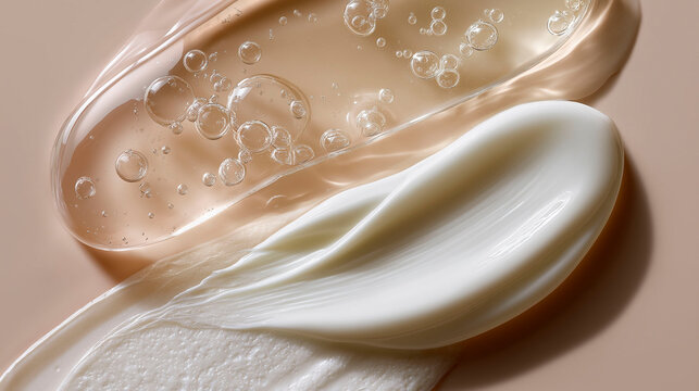 layered skincare textures with transparent gel and white cream, air bubbles and glossy smooth surface on beige background, soft lighting, concept of cosmetics, dermatology and beauty care