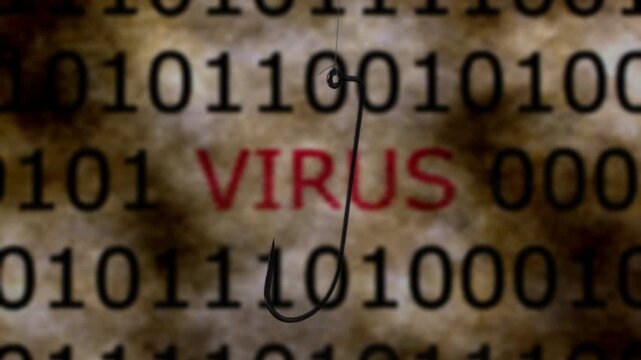Digital Virus Phishing Hook Over Binary Code Representing Malware Cybersecurity Threat