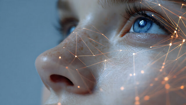 Close-up of human face with glowing orange digital network overlay and blue eyes, perfect for AI research, biometric security and future tech concepts.