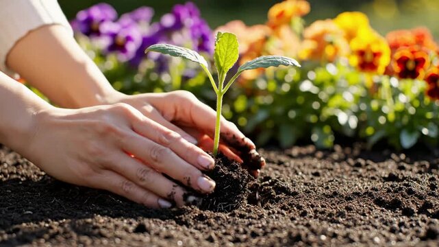 Gardener planting young green seedling in dark soil with vibrant flowers gardening planting seedling
