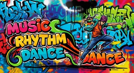 Fototapeta premium Man breakdancer dancing in front of colorful graffiti wall with hip hop theme. Urban street art style illustration featuring music, rhythm, and dance concepts for youth expression.
