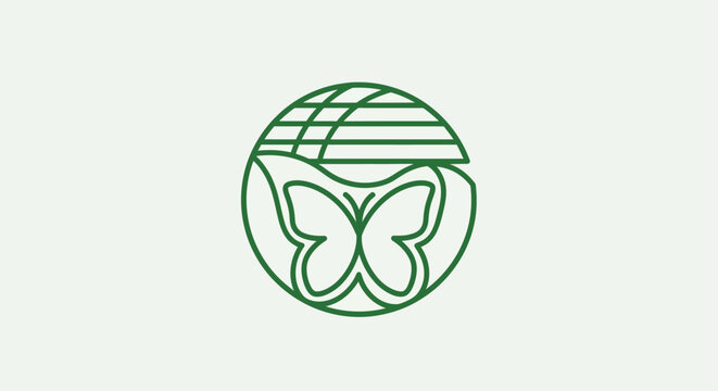 A green line drawing of a butterfly inside a globe with horizontal lines on top