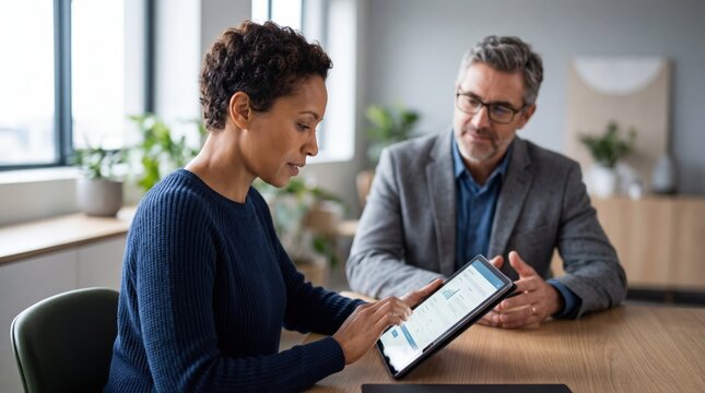Medium shot highlighting client using online portal on tablet to complete investment subscription blurred advisor in supportive posture.