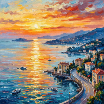 Nice France sunset Mediterranean coastline landscape illustration