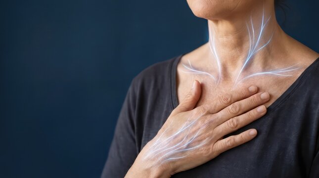 Mature woman hand on chest with luminous neck lines on blue background wellness healthcare header with copy space