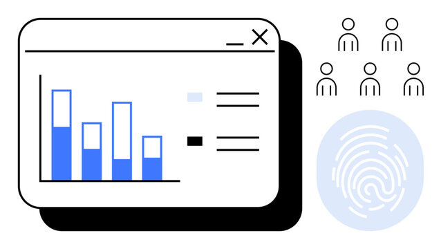 Data security, identity verification, user management, analytics, technology, online privacy. Visual includes a fingerprint, bar graph and user profiles. Identity verification and data security