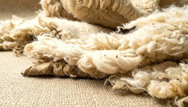 A close-up view of unprocessed raw wool fibers sheared directly from livestock, resting on a coarse textile surface.