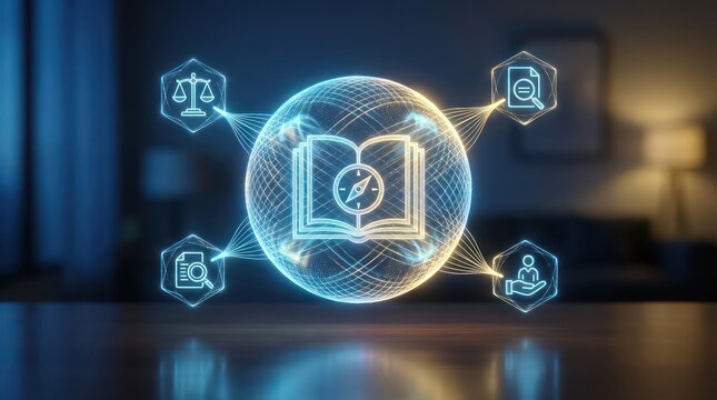 Abstract AI governance ethics framework with glowing book icon connected to audit policy and human oversight symbols on dark technology background