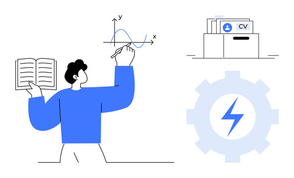 Data analysis concept. Data featured through graphs, resumes, and tech-related gear ation emphasizing analysis in education, job applications, and research. For education, business, technology