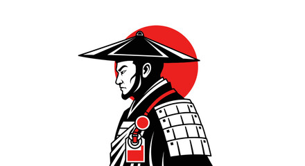 A samurai warrior in traditional Japanese armor stands proudly against a red sun. © Byone