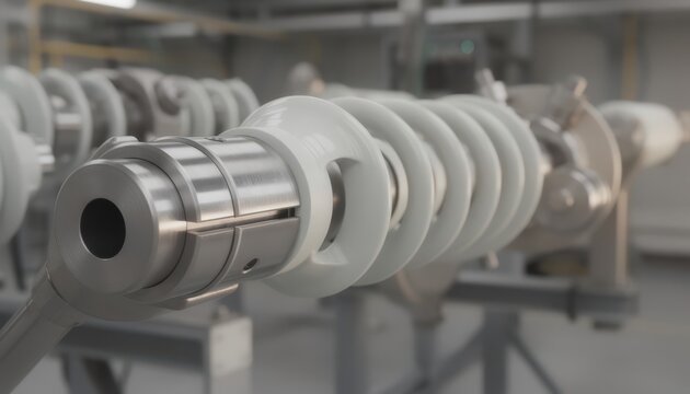 Medium shot focusing on insulators made from metal cores coated with engineered polymers emphasizing electrical isolation and thermal resistance in industrial applications.